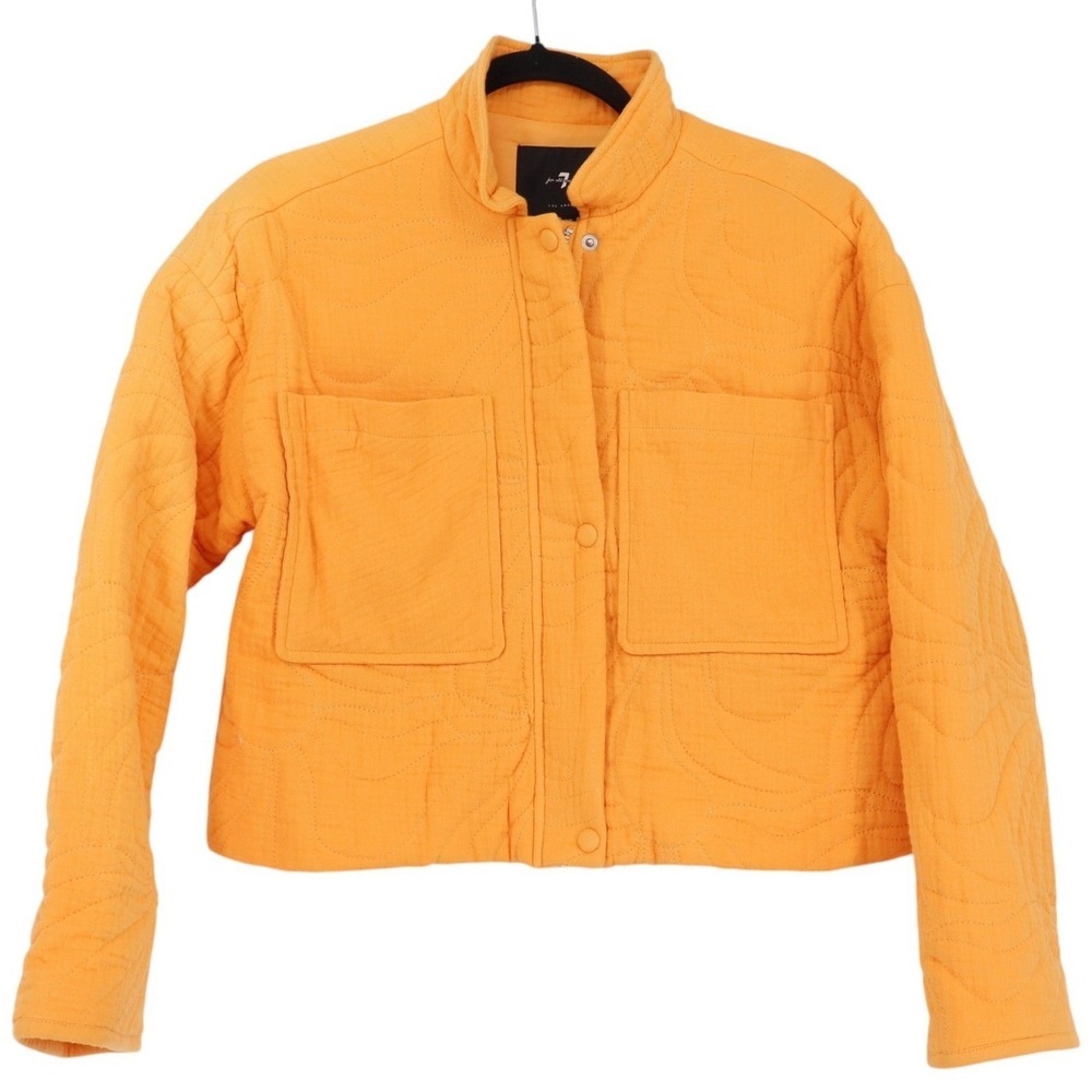 7 For All Mankind Quilted Cropped Utility Jacket Womens Sz XS Marigold Mock Neck
